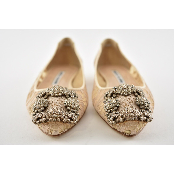 Manolo Blahnik Hangisi Flat Nude Lace Crystal Jewel Buckle Ballerina Ballet 35 - Picture 6 of 12